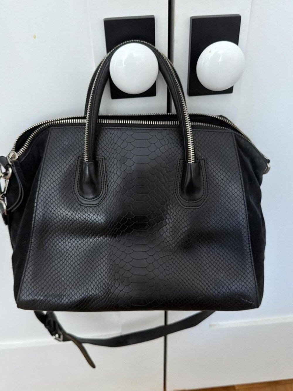 Black Leather Handbag with Silver Hardware
